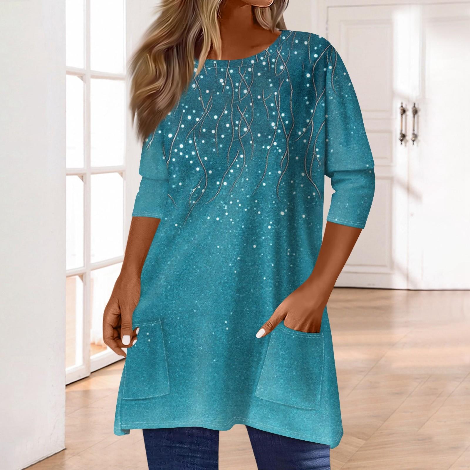3/4 рукава кармана топы для женщин футболка повседневный принт средней длины топы футболка круглый вырез пуловер блузка L