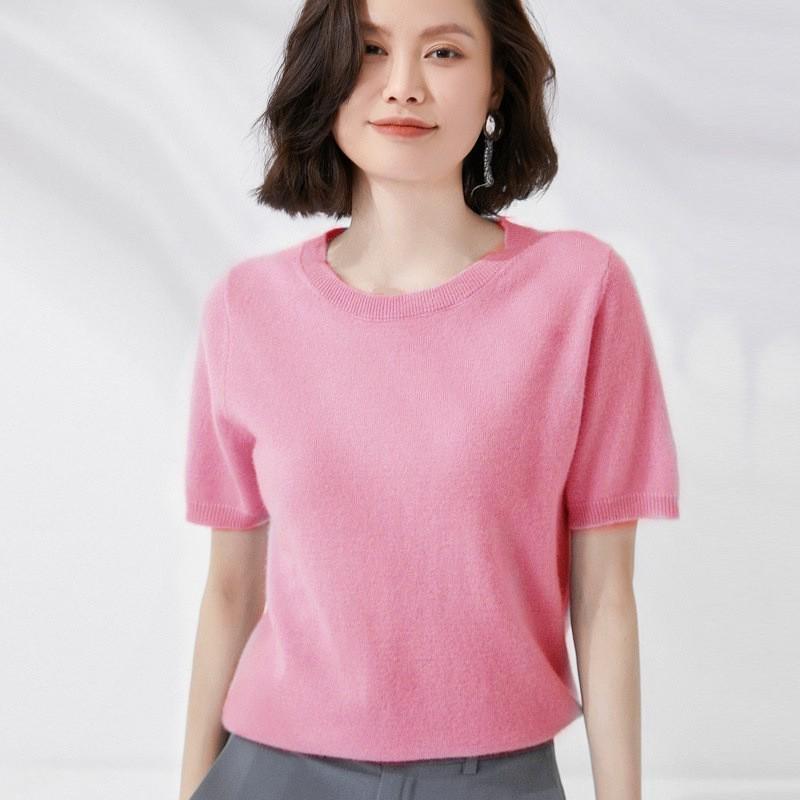 2025 Spring/Autumn Women's Knitwear: Short Sleeve Wool Cardigan with Round Neck