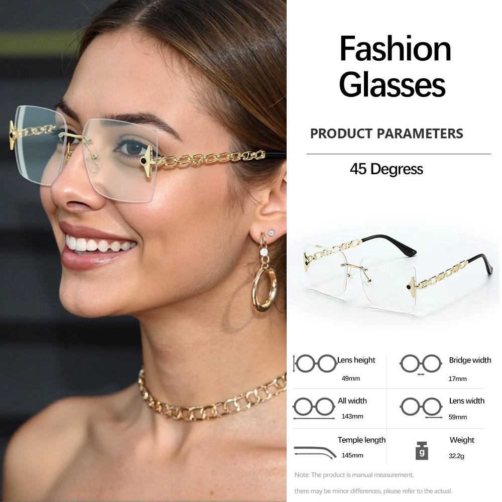 Frameless Chain Decor Square Sunglasses Women Light Transparent Design Daily Commuting Fashion Accessories