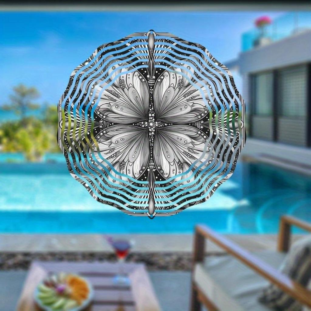 1pc Black and White Hand-Painted Mandala Rotating Wind Chime - Intricate Metal Design for All-Season Garden