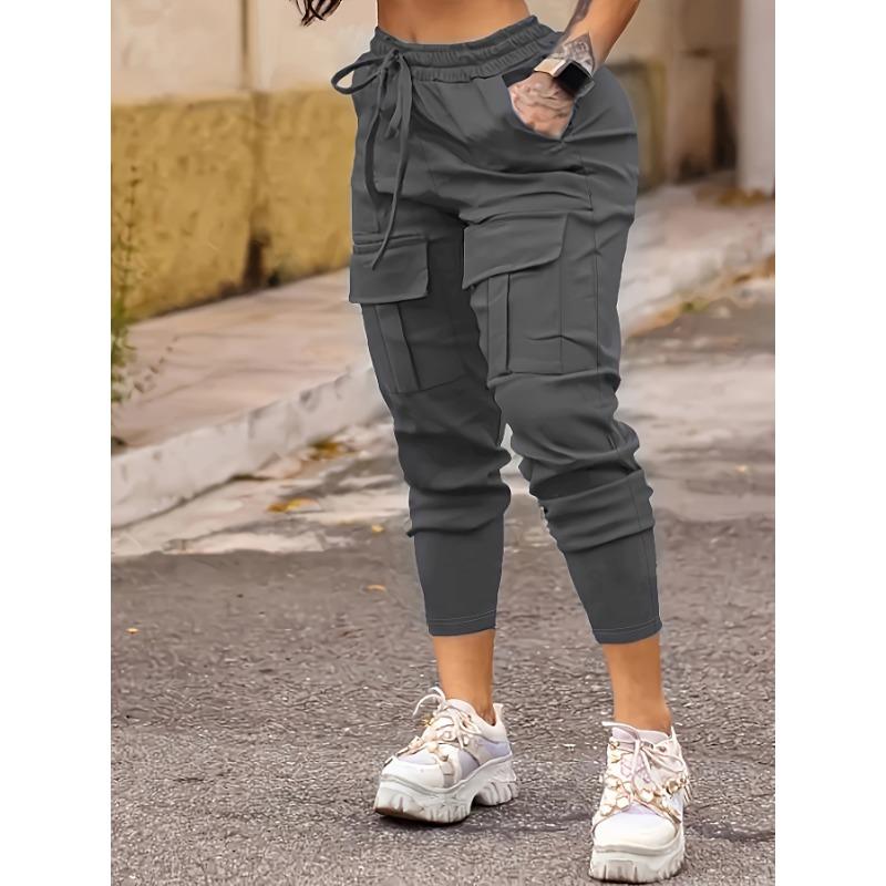 [Pantaloni Cargo ad Alta Elasticità] Pantaloni Jogger Cargo da Donna ad Alta Elasticità Stretti - Tasche Coperte, Vita con Coulisse, Colore Unico Nero Miscela di Poliestere
