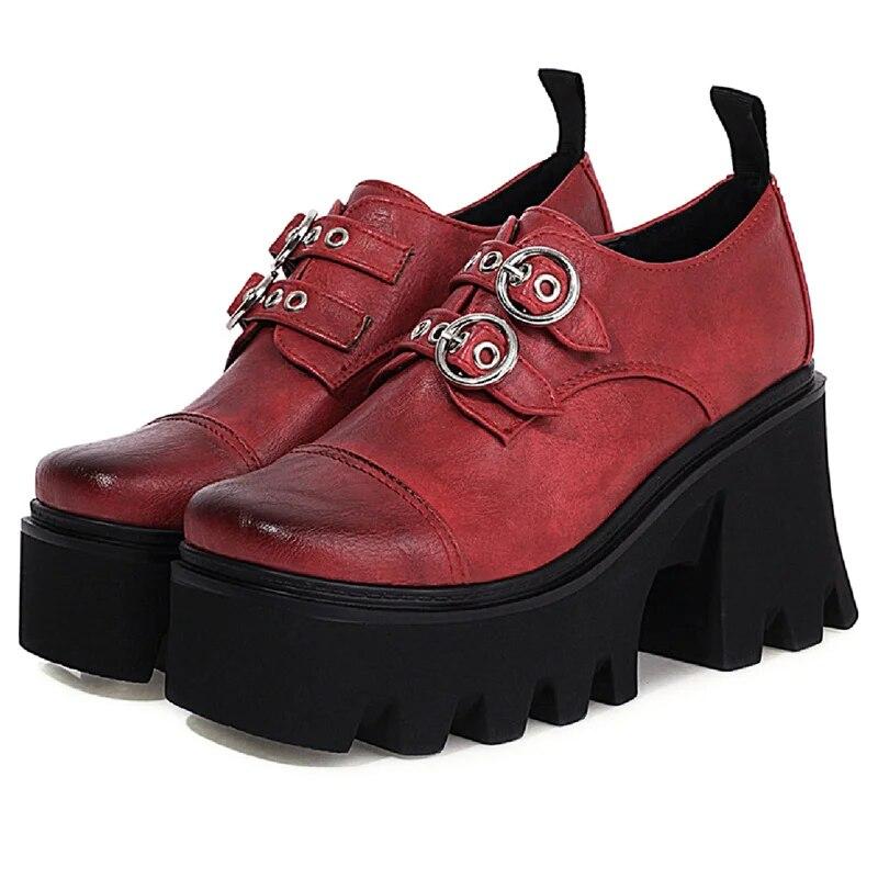 Gothic Oxfords Shoes For Women Pu Leather Black Red Flats Platform Chunky Heels Women Pumps Japanese Buckle Shoes Girls Est