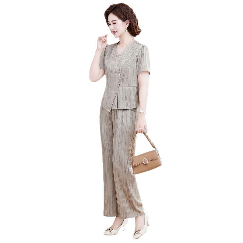 Women's Summer Slimming Two-Piece Set: Short Sleeve Blouse & Wide-Leg Pants