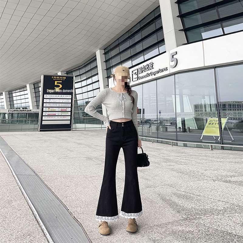 

Lace Trim High-Waisted Micro-Flare Jeans for Women - Stylish 2026 Petite Slimming Pants 3XL чёрный
