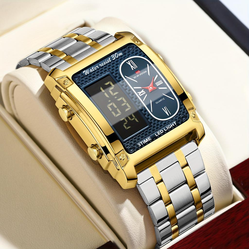 VA VA VOOM Men Watch Men’s Digital Watches with Dual-movement Display, Electronic Display + Analog Display,Stainless Steel Luminous Alarm Wristwatch