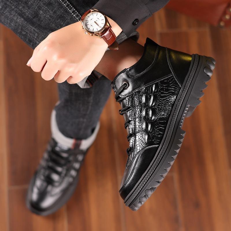 Crocodile Pattern Winter New Cotton Boots Men's Leather Lace-up Velvet Thermal Casual High-top Leather Boots