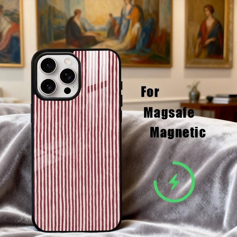 B-Burgundy W-White Stripe Phone Case For iPhone17,16,15,14,13,12,11 Plus,Pro Max Magnetic For Magsafe Wireless Charging
