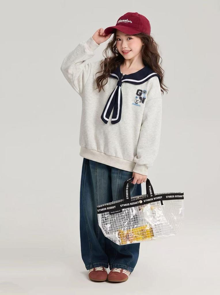 2026 Autumn New Arrivals: Navy Academy Style Bow Collar Top for Girls, Junior and Senior High School Versatile Loose Hoodie