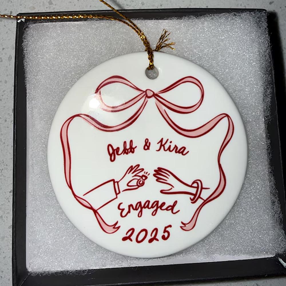 Personalised First Christmas Engaged Ceramic Ornament Engagement Gift for Couples Keepsake Gift Xmas Tree Decor Photo Prop