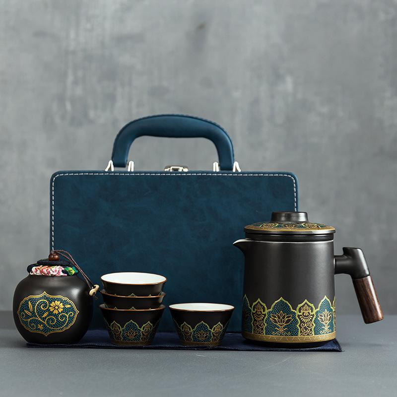 Portable ceramic one pot four cups travel tea set portable tea pot tea cup small set business gift express cup