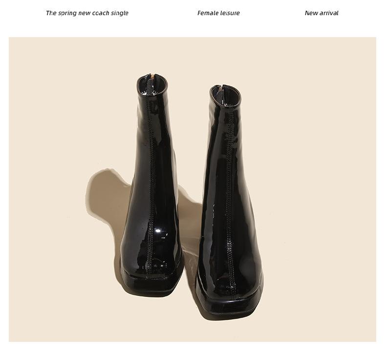 

Autumn and winter new Martin boots women s square head high heel thick heel rear zipper short boots patent leather high heel single boots fashion 39 чёрный