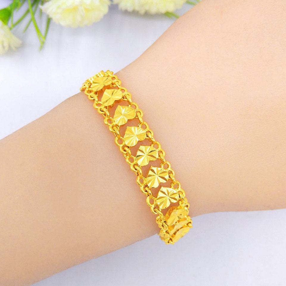 Women's Gold Rose Flower Heart Bracelet, Simple Carved Design.