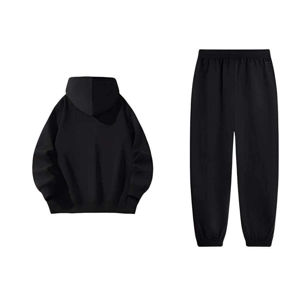 Li-Ning Sports Lifestyle Series Printed Logo Pullover Hoodie Breathable Cuffed Long Pants Casual Sports Suit Unisex Suit Black AKLU823-6+YWDU481-1