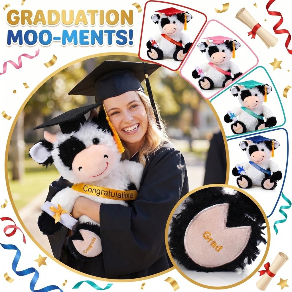 Plush Graduation Cow Toy Soft Stuffed Animal with Graduation Cap and Sash Holding Diploma for Graduation Celebration Gift