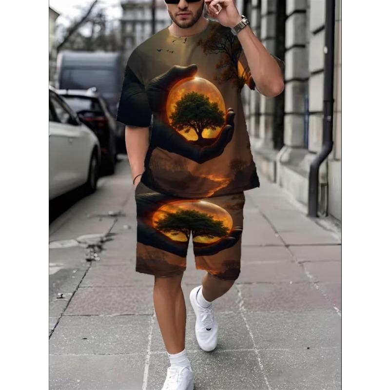 Urban Street Fashion Trend Men's Round Neck Short Sleeved Shorts Set, Outdoor Simple Casual and Comfortable