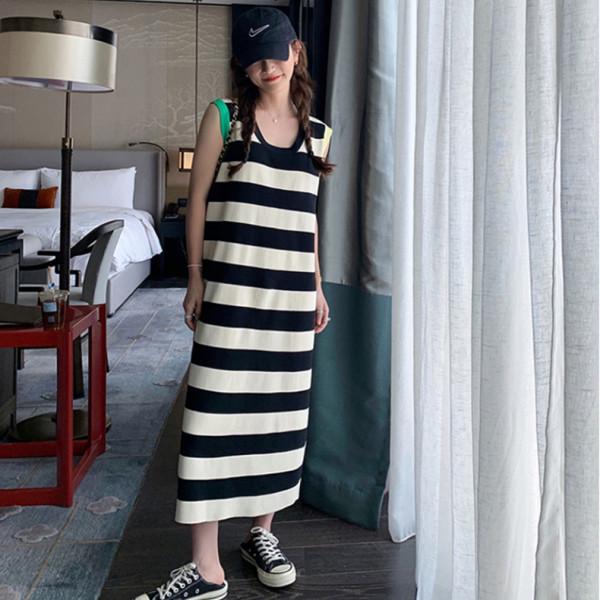 Damen Sommer gestreiftes Strickwestenkleid mit Quaste, mittellang, figurbetont, ärmelloses Design