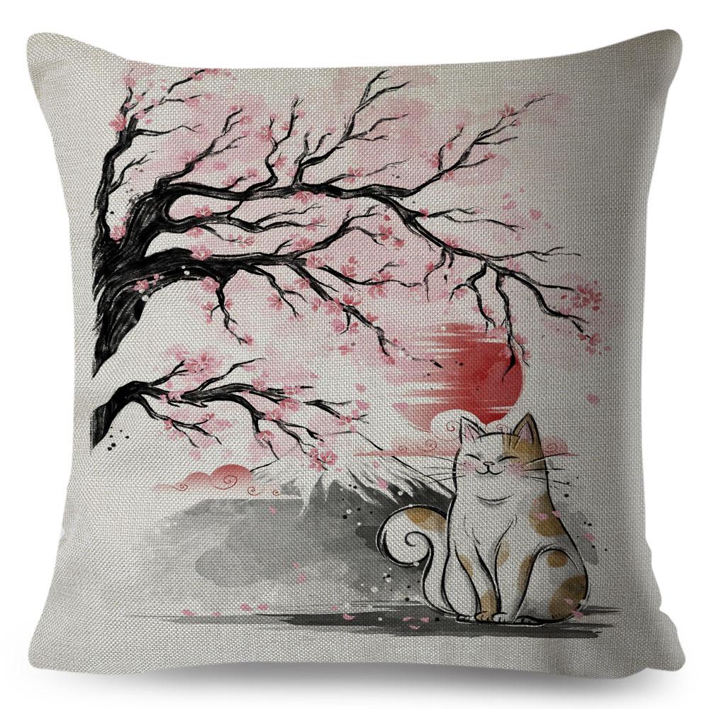 Japanese Style Ink Cushion Cover for Sofa Home Car Decor Beautiful Scenery Cat Girl Pillowcase Polyester Pillow Case 45x45cm