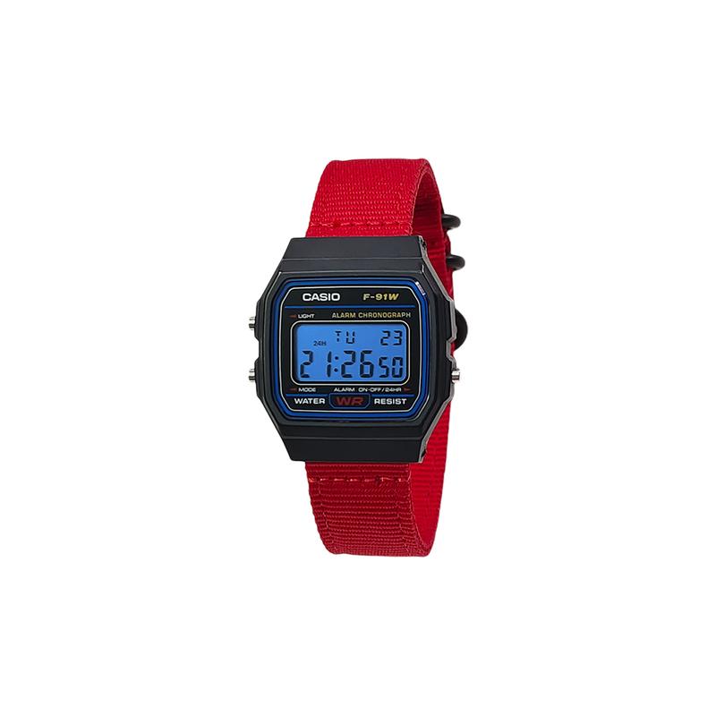 CASIO Customized watch modified series black resin case classic retro small square watch life waterproof F-91W---NEO-CRIMS-HongSeBiaoDaiLanSeBiaoJing