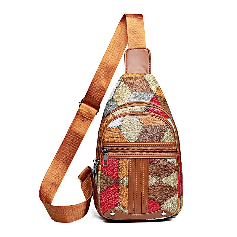 

Мягкая кожаная нагрудная сумка с цветными блоками, женская легкая сумка через плечо коричневый