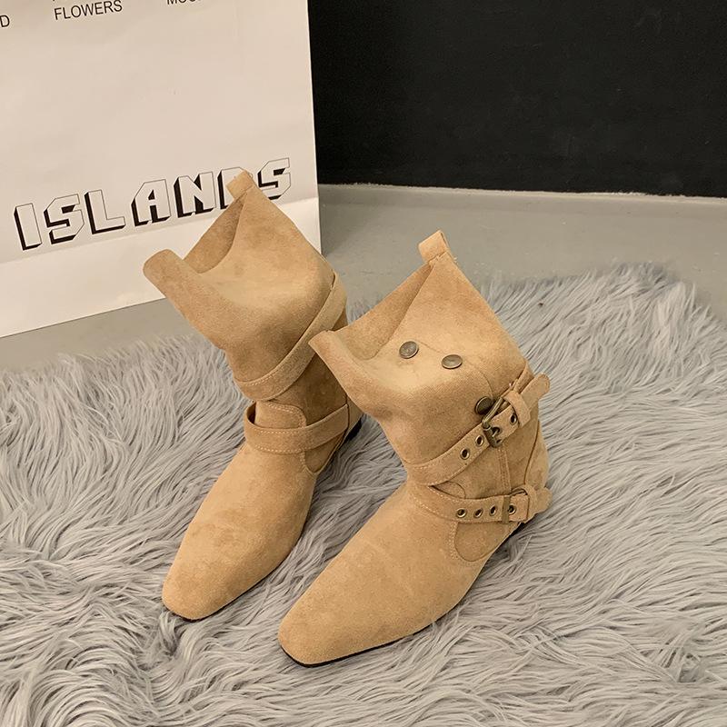 Pointed Low-heeled Small Short Boots Women's Shoes 2025 New Spring and Autumn Single Boots Retro Belt Buckle Medium Tube Pants Tube Boots