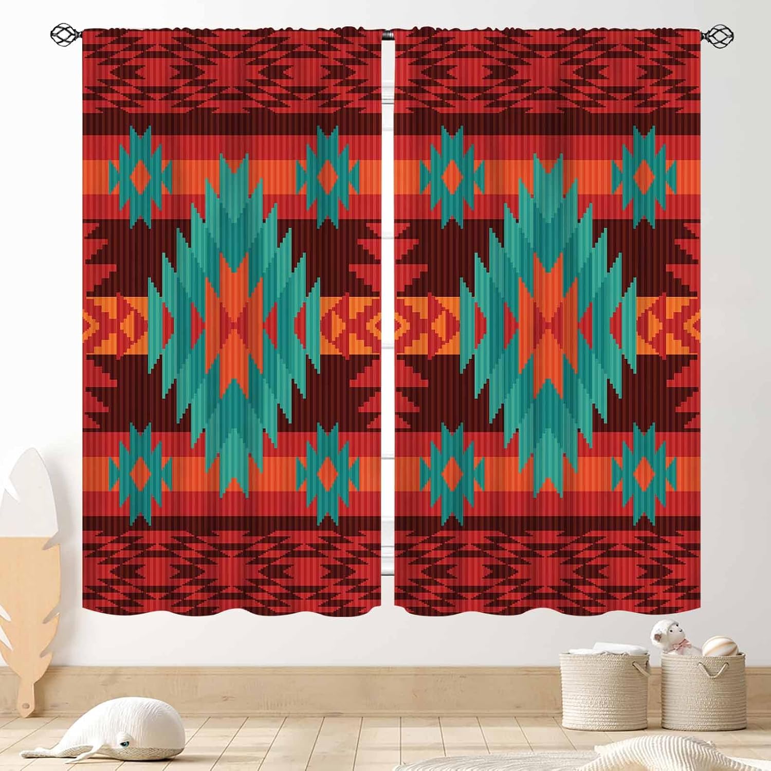 Aztec Curta, Boho Southwestern Natvie Tribal American Ethnic Western Abstract Geometric Vintage Retro Window Drapery Bedroom 53x116CM-2PC