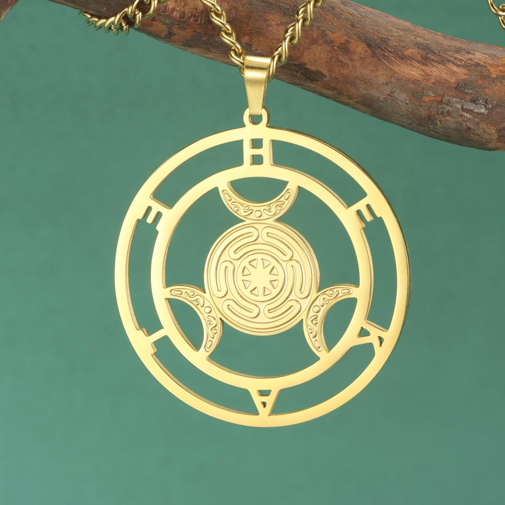 Dreamtime Wheel of Hecate Symbol Triple Moon Goddess Pendant Necklace for Women Men Stainless Steel Pagan Goddess Wiccan Jewelry
