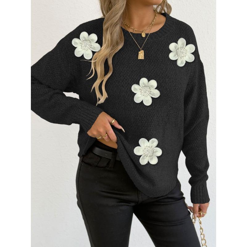 Women S Knit Sweater Embroidered Beaded Floral Patch Crew Neck Pullover