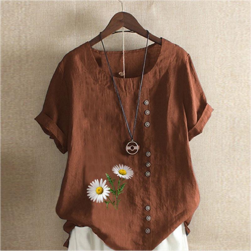 Women's Fashion Round Neck Short Sleeve T-shirt Casual Cotton Linen Graphic Shirt Chrysanthemum Prined Summer Blouse Tops Plus Size