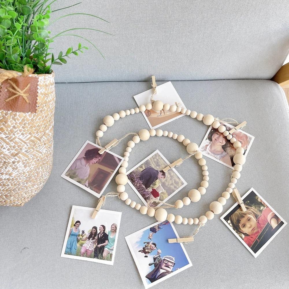 Wall Hanging Picture Holder Wooden Beads Photo Shelf Frame String Rustic Photo Display  Living Room