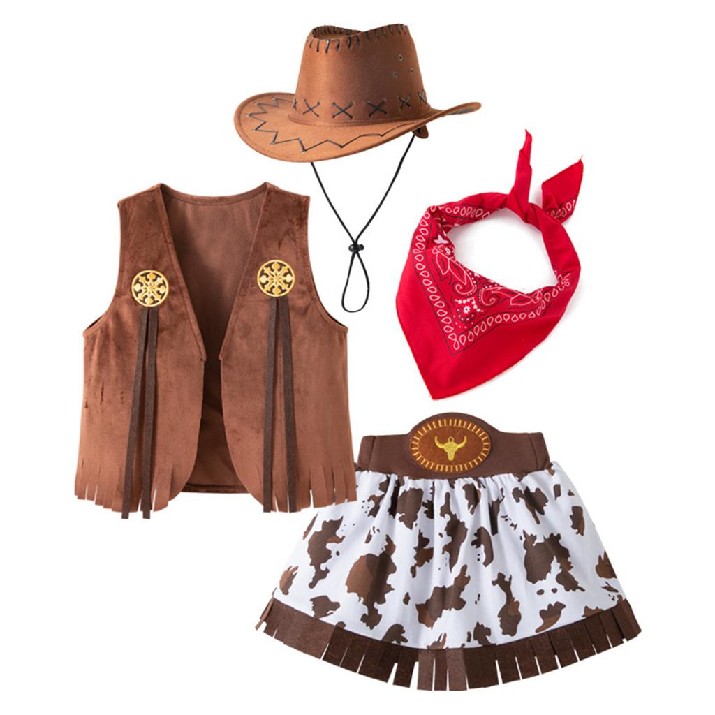 Ținută de Rol Cowgirl Pentru Fete Costum cu Tematică Western din 4 Piese Vestă Pantaloni Pălărie și Fustă Scurtă