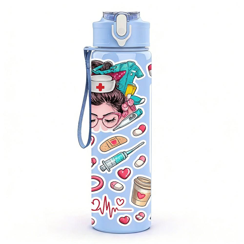 1PC Nurse Medical Tool Slogan Print 750ml Color Plastic Sports Water Bottle Leakproof Flip Straw Lid Suitable for Sports Office Home Use