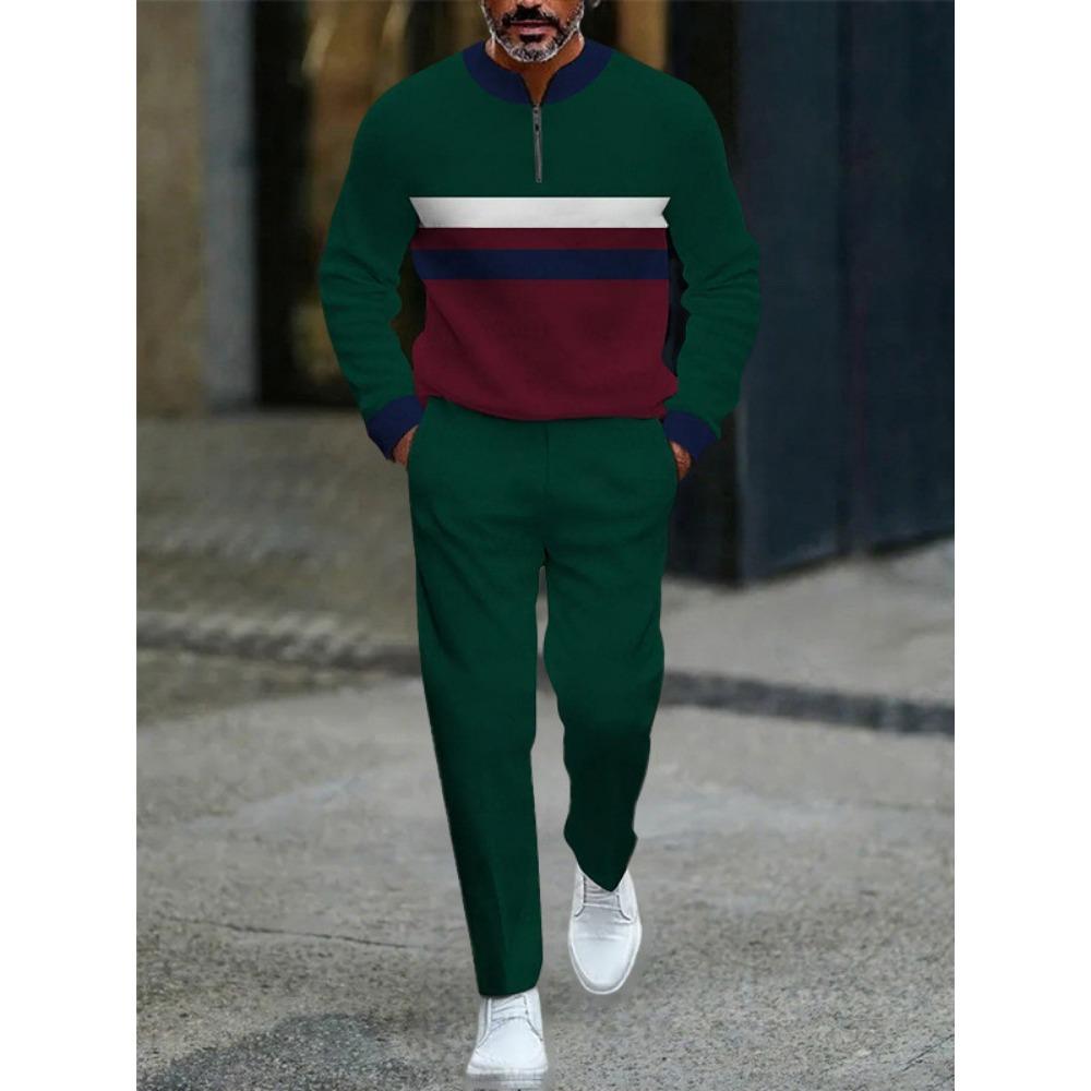 Frühling Herbst Mode Streetwear Herren Langarm Halbreißverschluss Stehkragen Lässige Sportbekleidung Herrenbekleidung Zweiteiliges Set