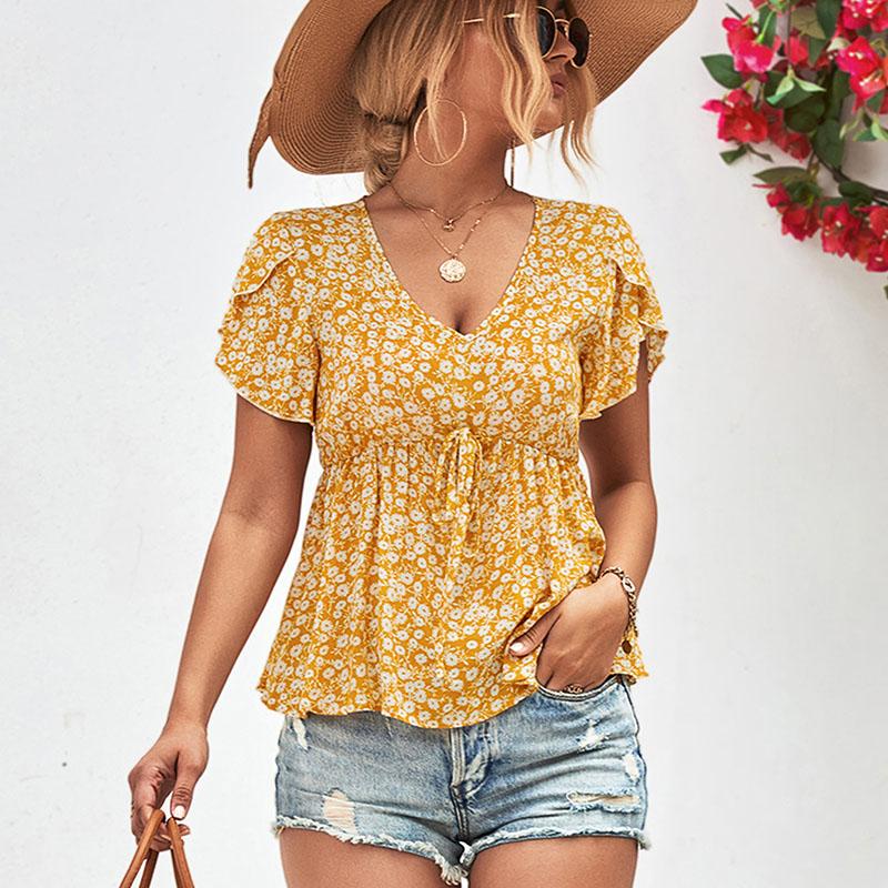 

Модная летняя повседневная женская пуловер на шнуровке с v-образным вырезом и цветочным принтом, футболка, топ XL земля желтый