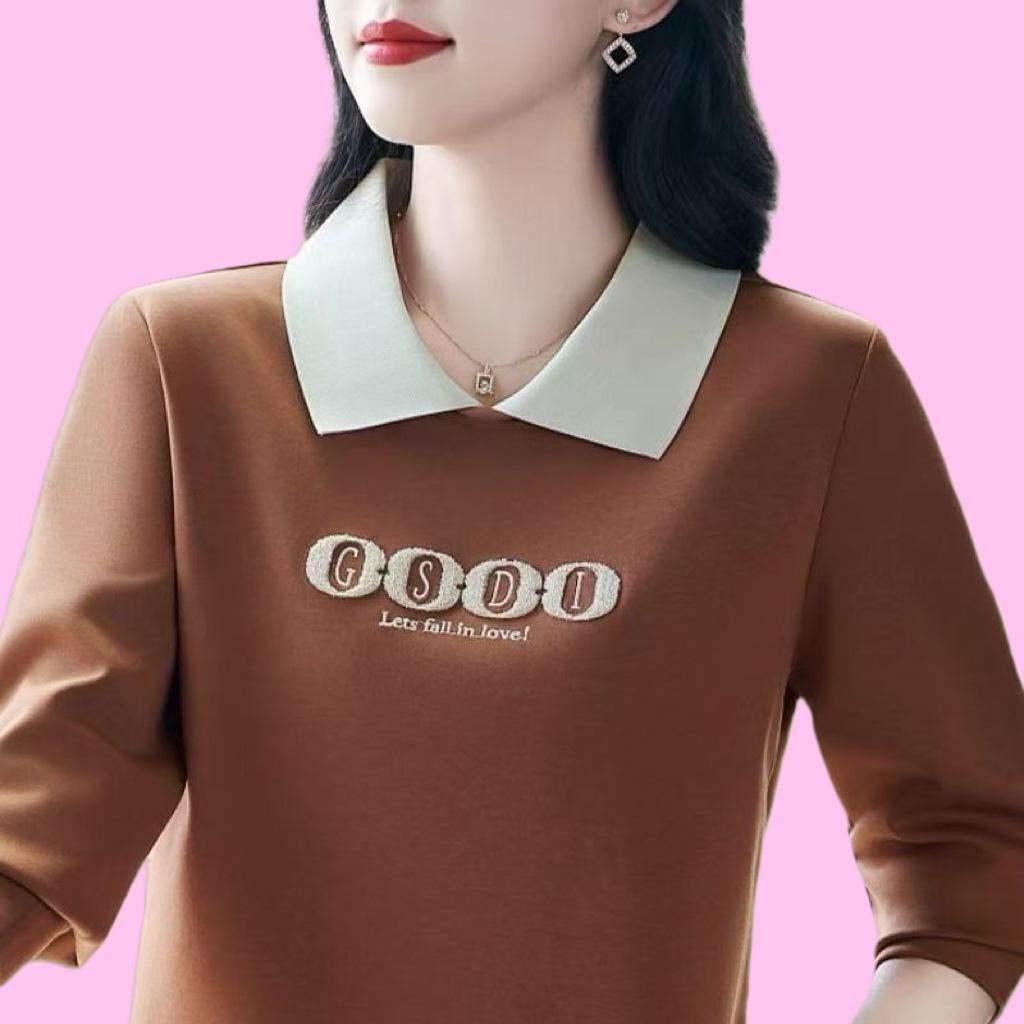 New Lapel Long Sleeve Embroidered POLO Collar Middle-aged Mother Fashionable Casual Age-reducing Versatile Base Top Autumn