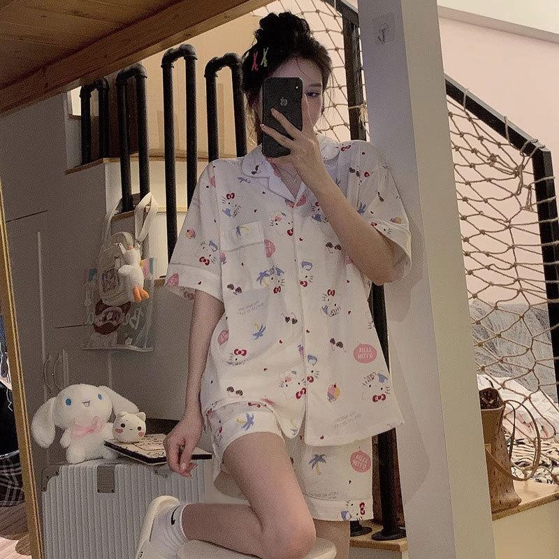 Japanese-style Unprinted Style Summer Fresh Cotton Pajamas Women's Short Sleeves 1011 New Loose Outer Loungewear Suit