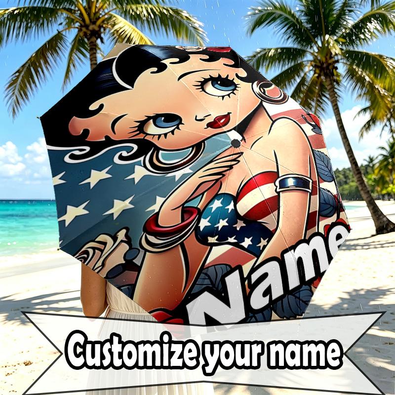Custom Name Personalized Betty Boop Print Umbrella, Auto Open Close, 8‑Rib Sturdy Frame, Commute Camping Hiking Use, Birthday Gift