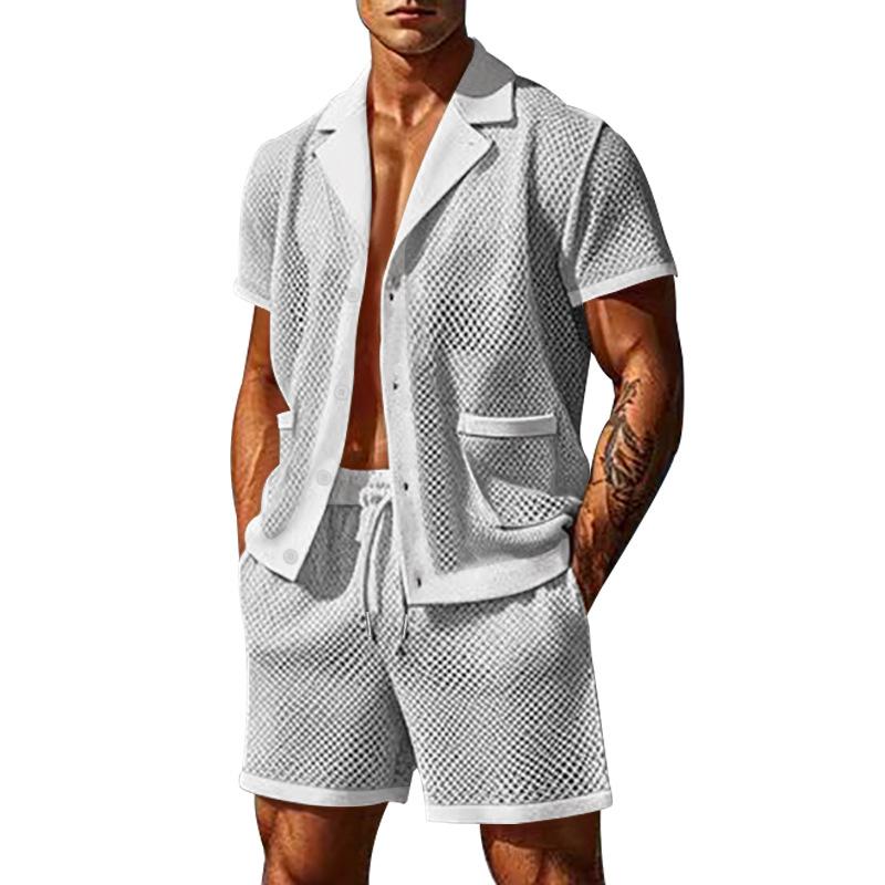 Completo 2 Pezzi da Uomo Estivo Traspirante in Rete con Colletto a Rever T-Shirt e Set di Pantaloncini Design Fresco Sexy con Tessuto Forato Abbigliamento da Spiaggia