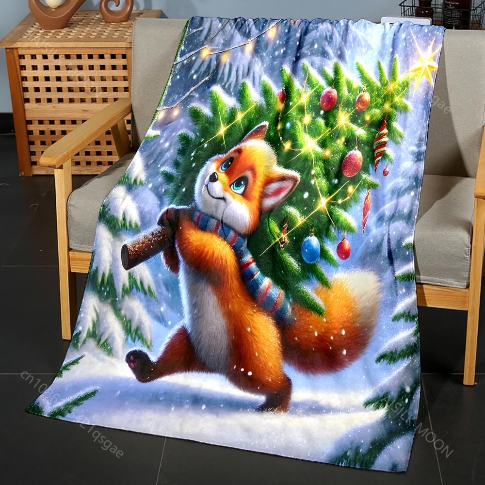 Festive fox with Christmas tree pattern Blanket Flannel Material Soft Warm for All Seasons,For Home Outdoor Camping Picnics RV