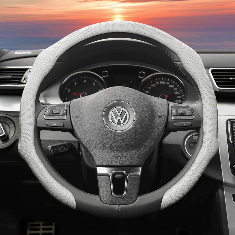 Suitable for Volkswagen Perforated Leather Steering Wheel Cover, Non-Slip Breathable Integrated Protective Case Golf Passat Polo Jetta
