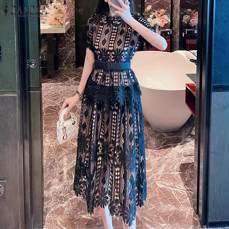 sachin and babi light blue dress ZANZEA Women Casual Stand Collar Summer Short Sleeve Elegant Lace Dress Buy  cheaply on Joom