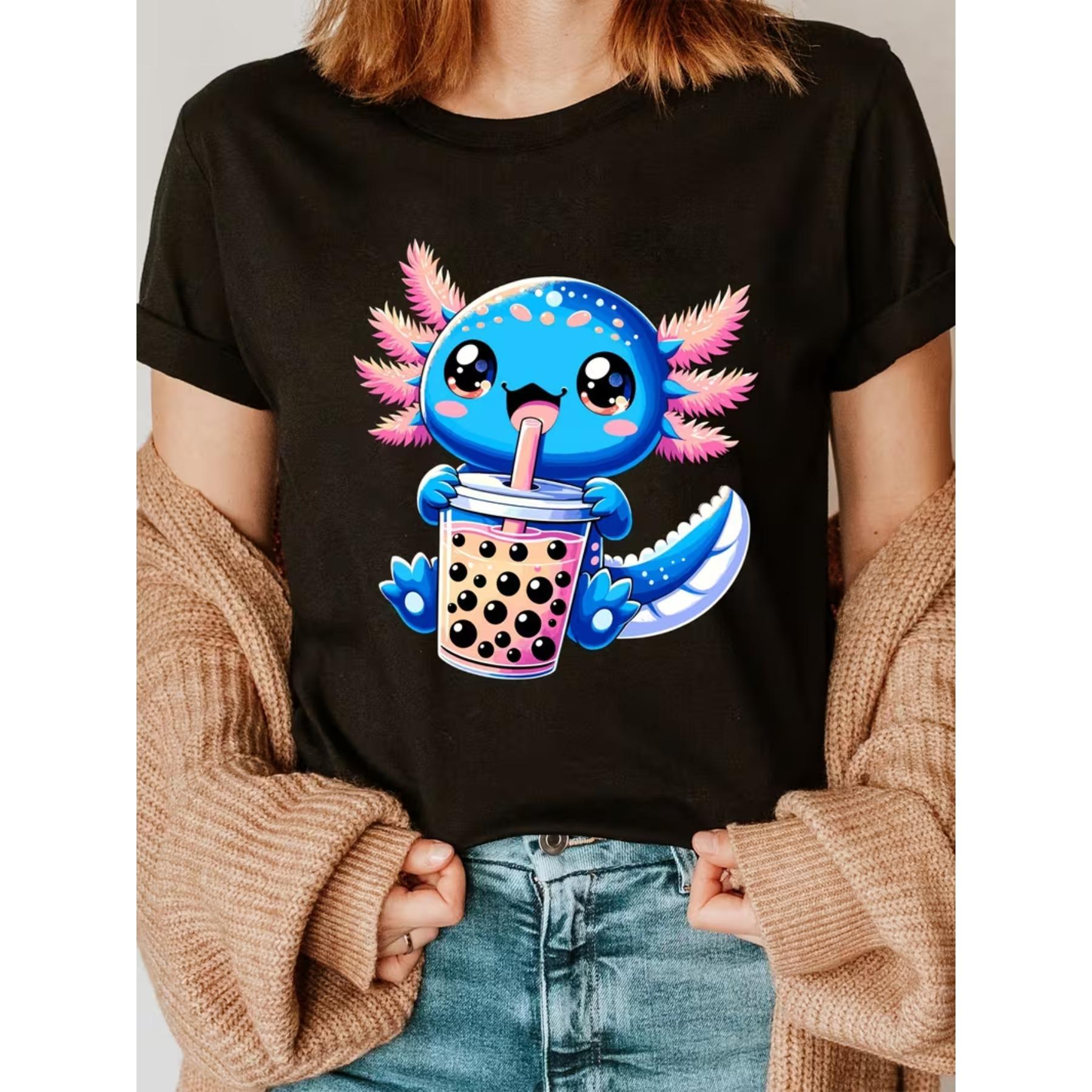 Women s Kawaii Anime Axolotl Boba Tea T-Shirt - Blue Cute Axolotl & Letter Print Short Sleeve Crew Neck Top S чёрный