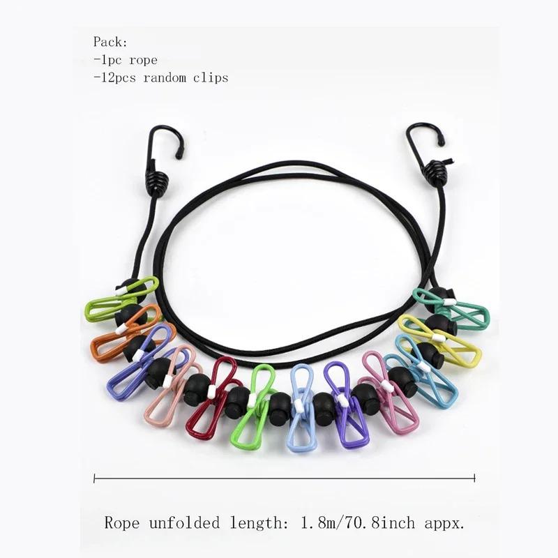 

Портативная эластичная дорожная вешалка для одежды, ветрозащитная уличная бельевая веревка с 12 зажимами, сушильная веревка для белья на балконе заднего двора