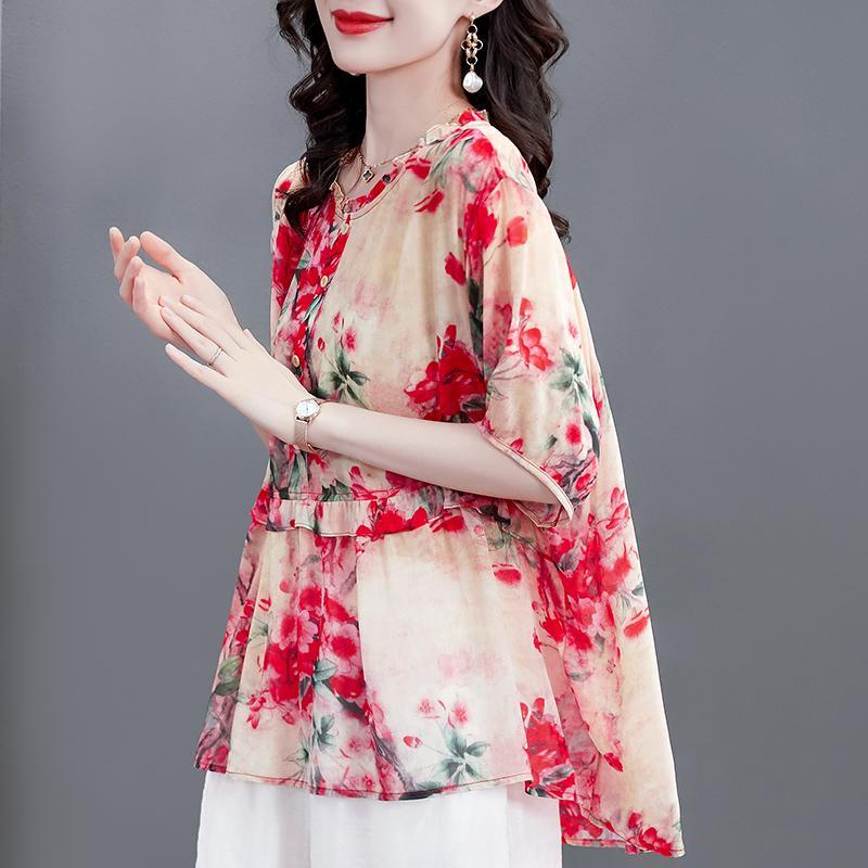 Encrypted Floral Chiffon Shirt for Women In Summer New T-shirt for Noble Ladies Loose Shirt Thin Short-sleeved Top