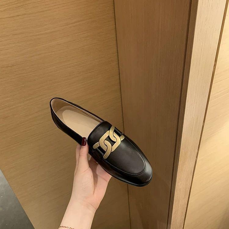 

One-pedal small leather shoes British style 2025 new flat-soled single shoes women s shoes autumn loafers versatile Doudou shoes 34 чёрный