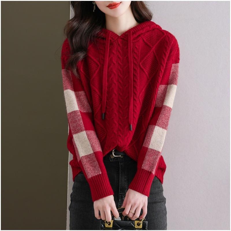 Sweater women's autumn and winter new lazy style casual hooded loose knitted sweater long-sleeved top bottoming shirt