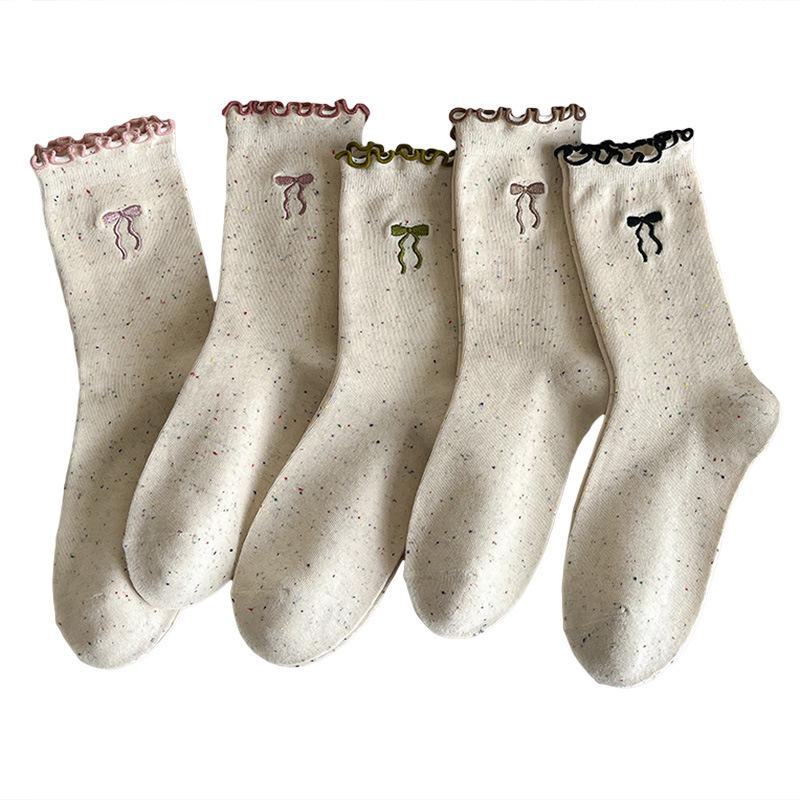 Women's autumn bowknot lace ruffle socks - dot pattern cotton long socks