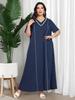Plus Size V-Neck Slimming Dress: Tummy-Covering, Waist-Cinched with Wide Hem - New Summer Fashion