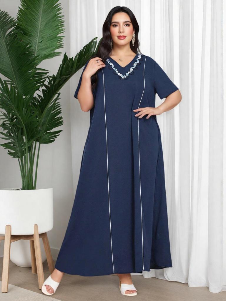 Plus Size V-Neck Slimming Dress: Tummy-Covering, Waist-Cinched with Wide Hem - New Summer Fashion