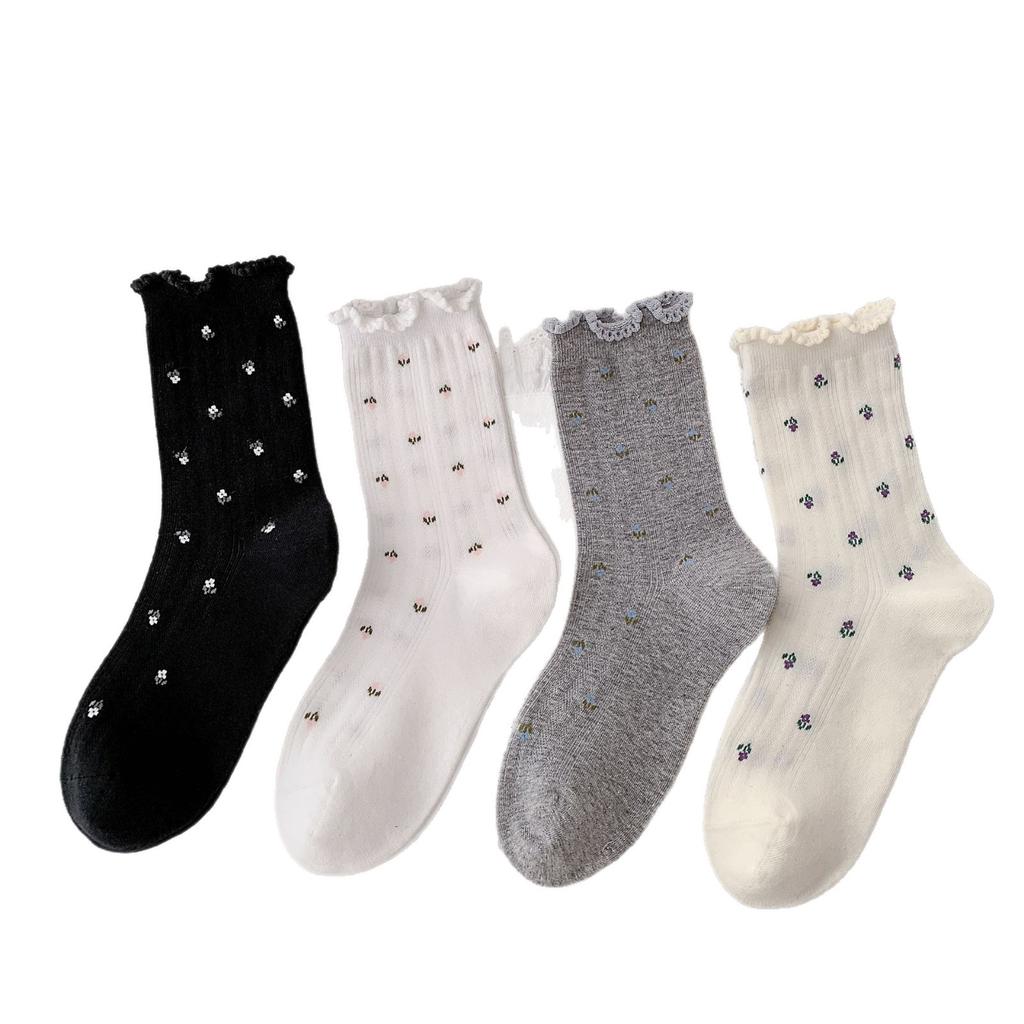 Spring Children's Sock - Seamless Woven Floral Mesh Breathable Mid-high Ankle Cotton Socks with Bubble Cuffs and Pile Up Design
