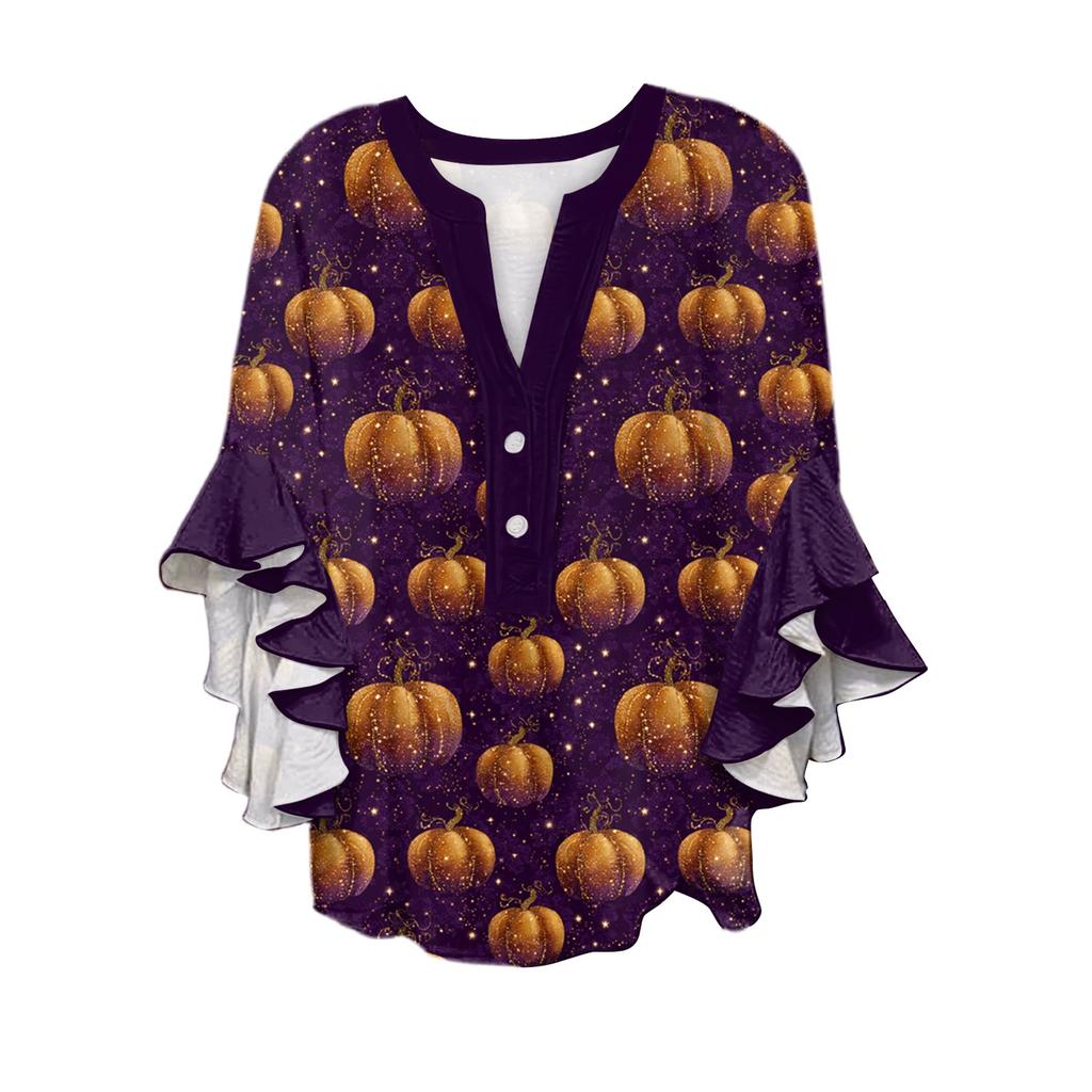Women's V-neck Seven Quarter Sleeved Shirt Halloween Printed Top Casual Shirt